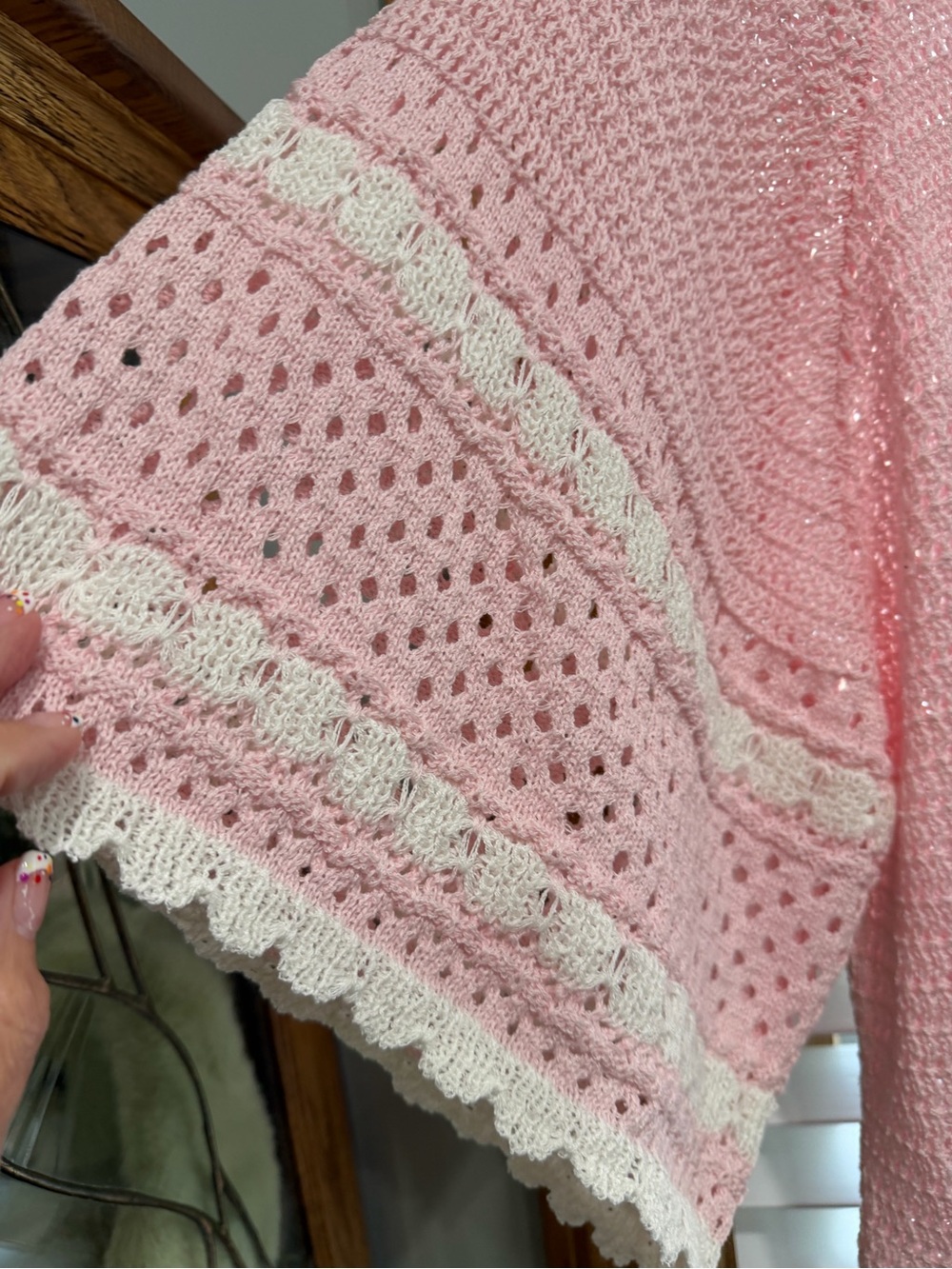 BiBi Pink and Cream Crochet V-Neck Sweater - Picture 3 of 5